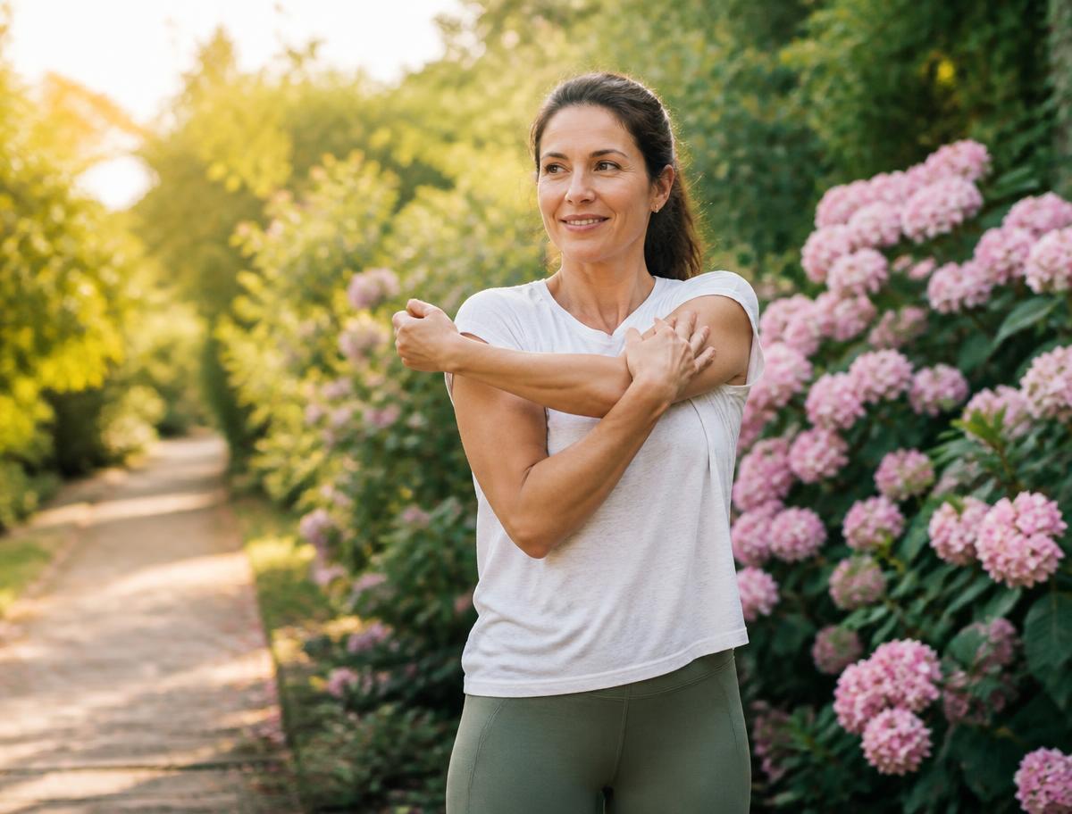 Woman stretching outdoors in warm morning light