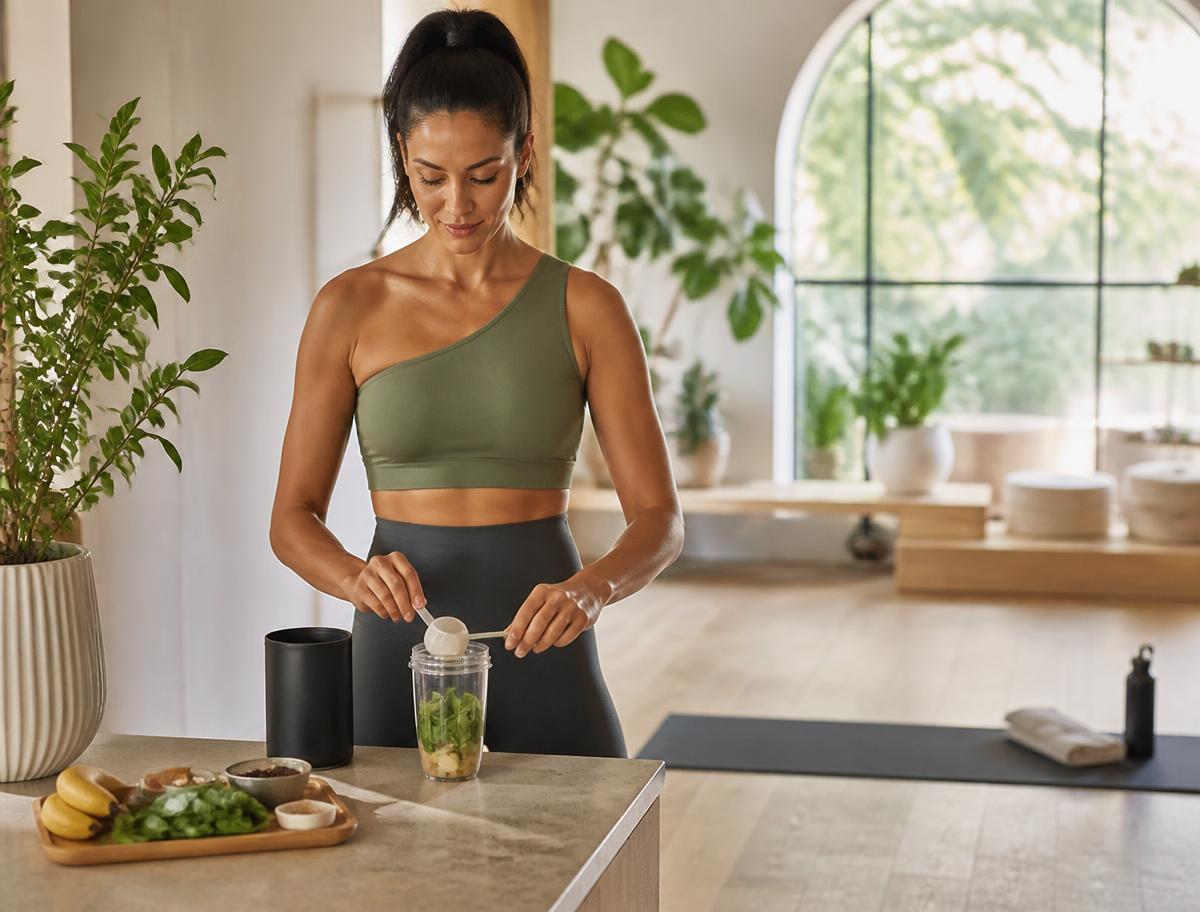 Woman preparing a recovery drink in a bright wellness studio