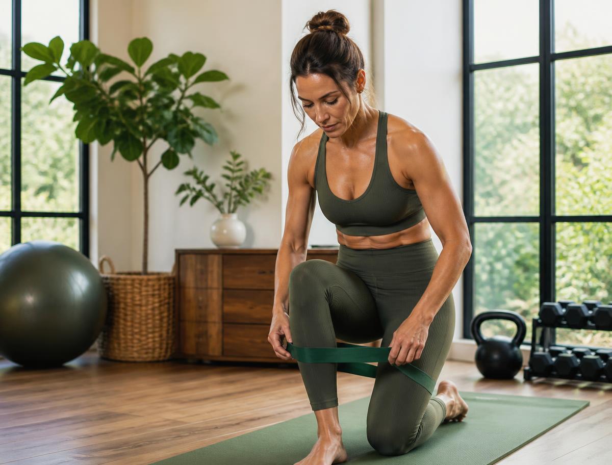 Woman completing a focused strength and mobility session in a bright home gym